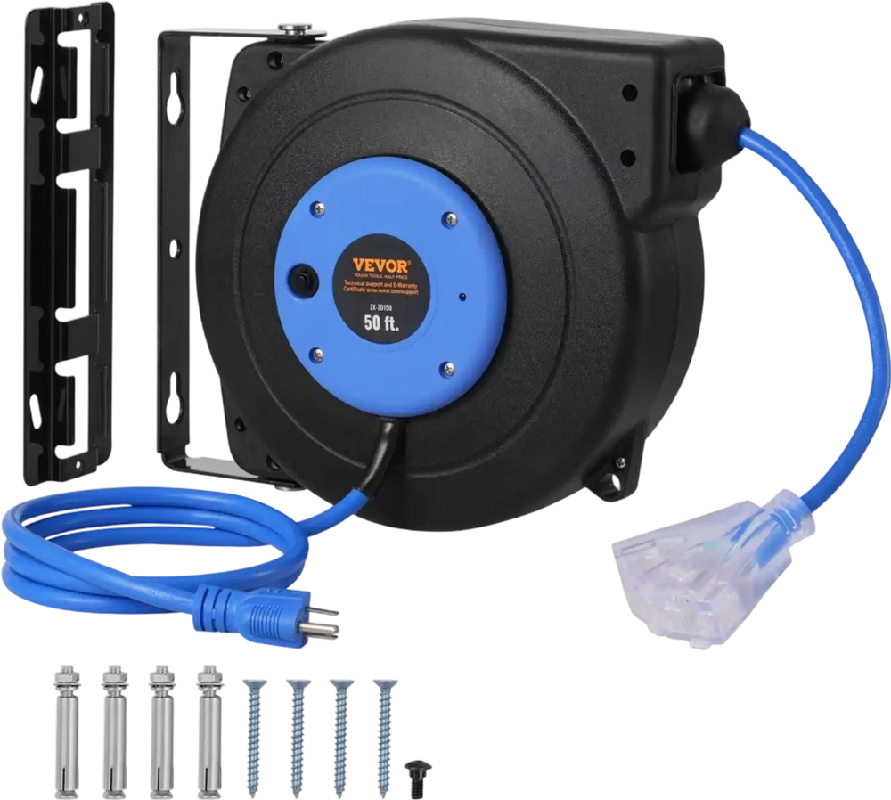 VEVOR Retractable Extension Cord Reel, 50 FT, Heavy Duty 14AWG/3C SJTOW Retractable Power Cord with Lighted Triple Tap Outlet, 13 Amp Circuit Breaker 180° Swivel Bracket for Ceiling or Wall Mount