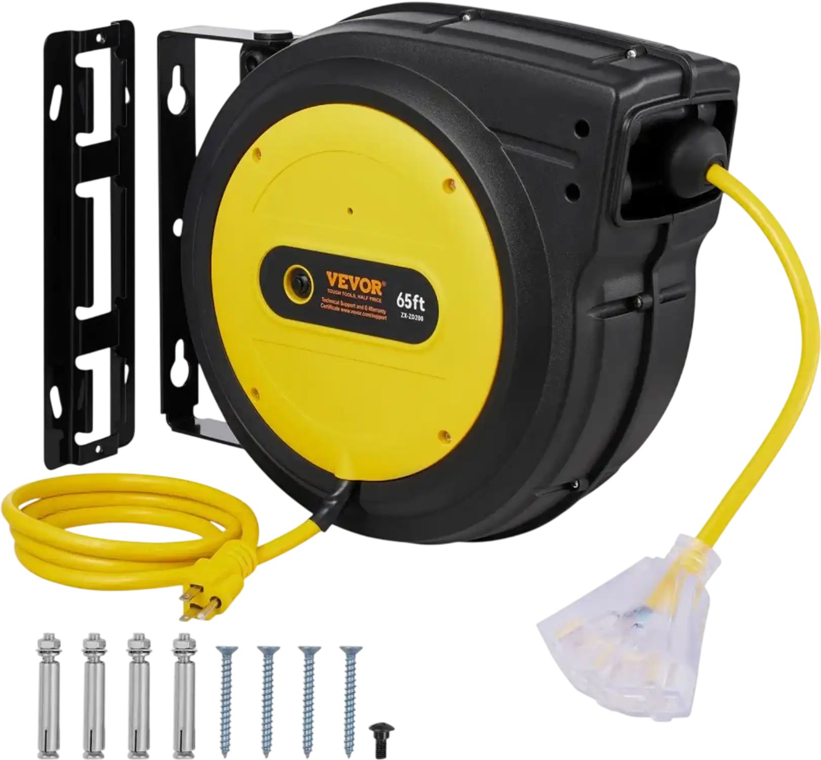 Vevor Extension Cord Reel 65' Retractable Power Cord with Lighted Triple Tap Outlet New