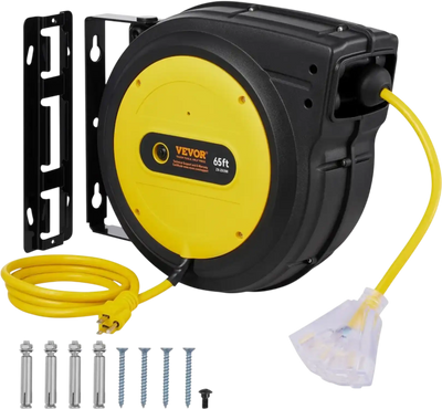 VEVOR Retractable Extension Cord Reel, 65 FT, Heavy Duty 12AWG/3C SJTOW Retractable Power Cord with Lighted Triple Tap Outlet, 15 Amp Circuit Breaker 180° Swivel Bracket for Ceiling or Wall Mount