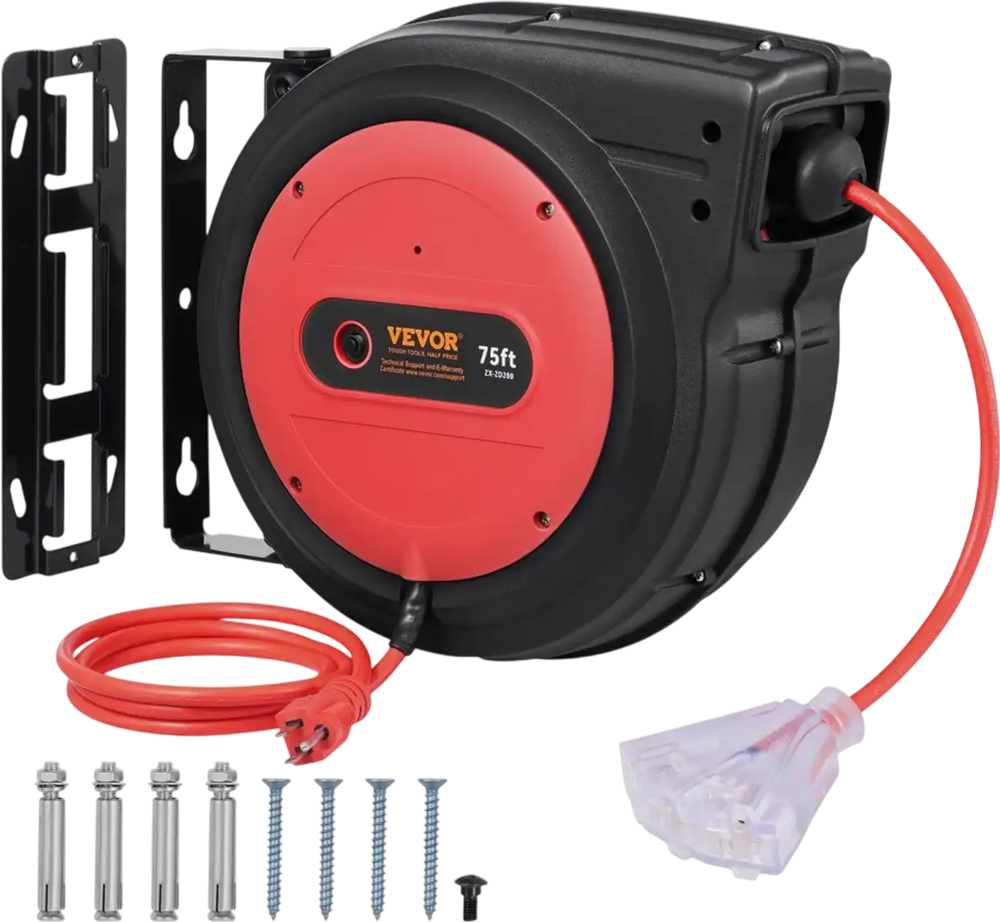 VEVOR Retractable Extension Cord Reel, 75 FT, Heavy Duty 14AWG/3C SJTOW Retractable Power Cord with Lighted Triple Tap Outlet, 13 Amp Circuit Breaker 180° Swivel Bracket for Ceiling or Wall Mount