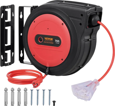 Vevor Extension Cord Reel 75' Heavy Duty Retractable Power Cord with Lighted Triple Tap Outlet New