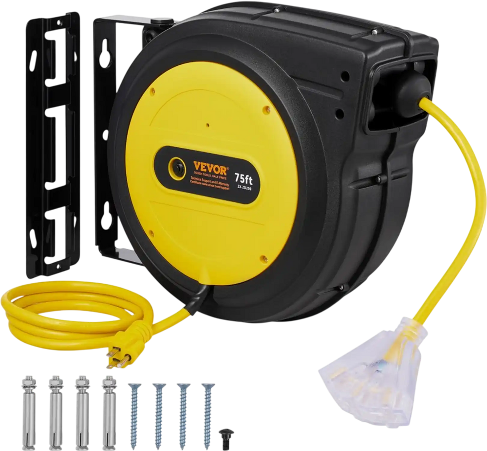 VEVOR Retractable Extension Cord Reel, 75 FT, Heavy Duty 14AWG/3C SJTOW Retractable Power Cord with Lighted Triple Tap Outlet, 13 Amp Circuit Breaker 180° Swivel Bracket for Ceiling or Wall Mount