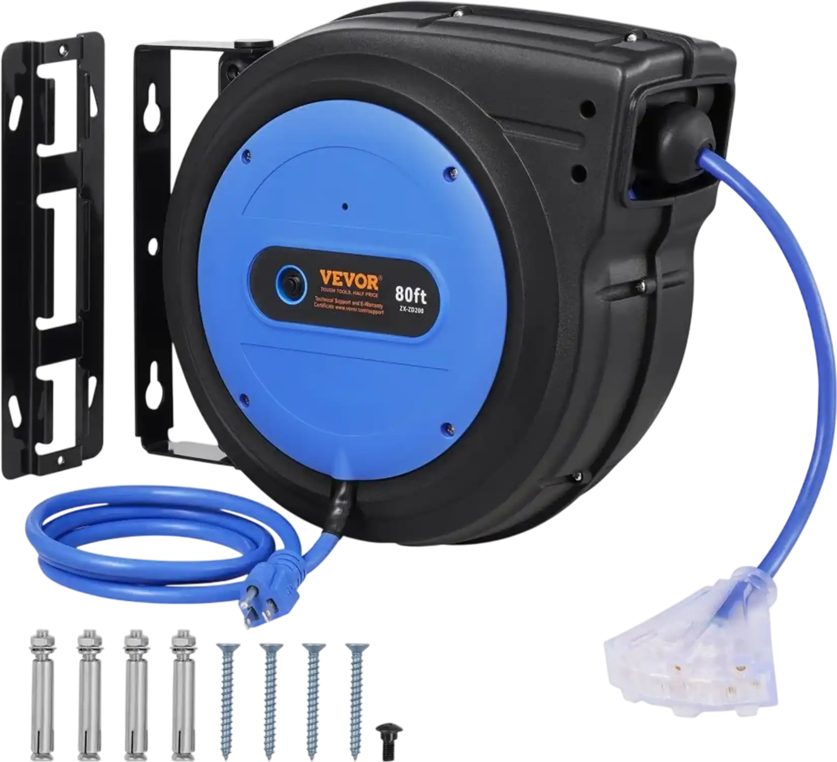 Vevor Extension Cord Reel 80' Heavy Duty Retractable Power Cord with Lighted Triple Tap Outlet New