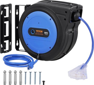 Vevor Extension Cord Reel 80' Heavy Duty Retractable Power Cord with Lighted Triple Tap Outlet New