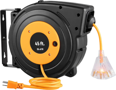 VEVOR Retractable Extension Reel, Heavy Duty 12AWG/3C SJTOW Power Cord 45 FT 12AWG, Black Tested toStandards