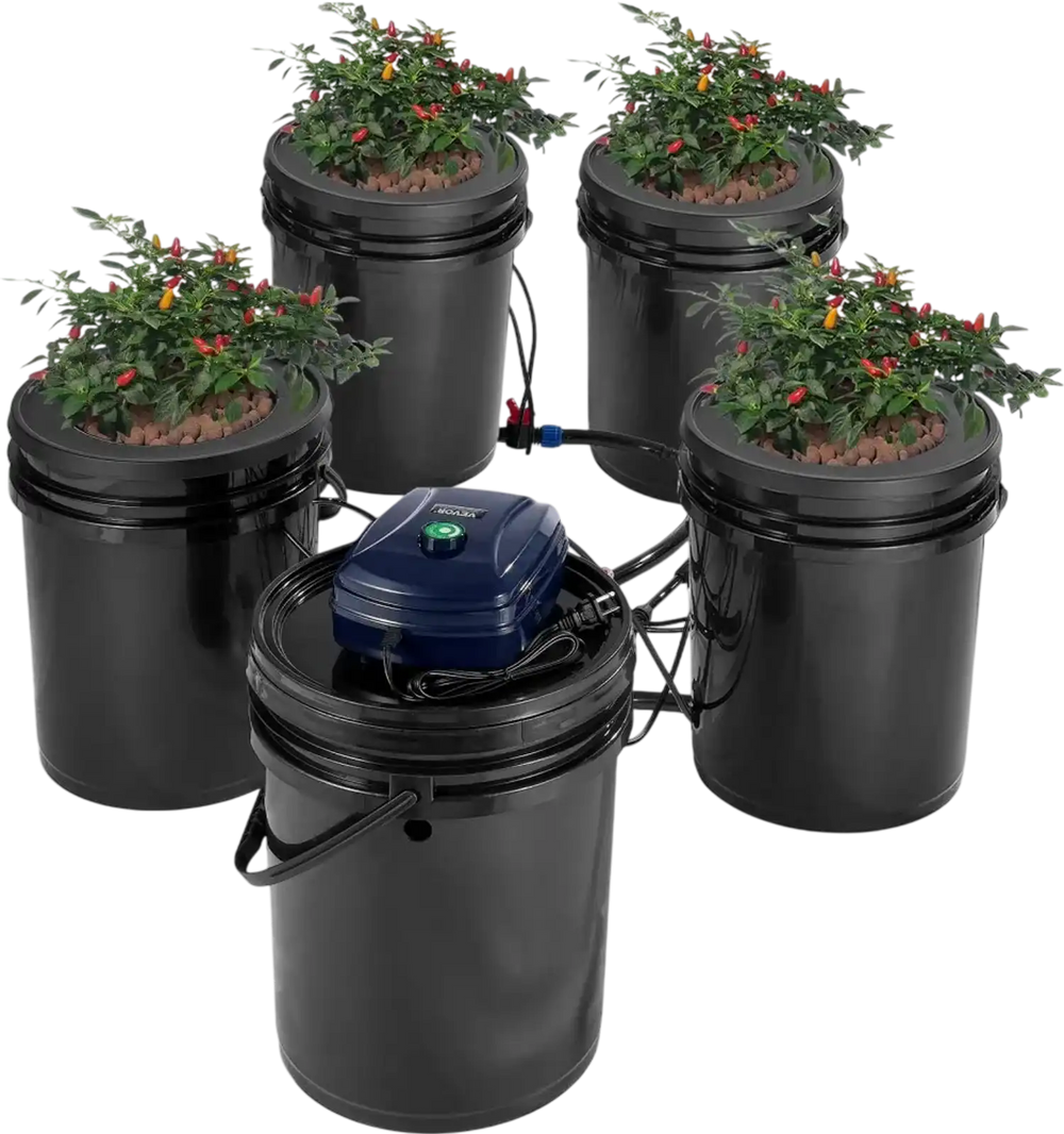 VEVOR RDWC Hydroponics Grow System, Hydroponic Growing Kit with Top Drip, Recirculating Deep Water Culture 4 Buckles and 1 Reservoir, with Air Pump and Water Level Device for Leafy Vegetables