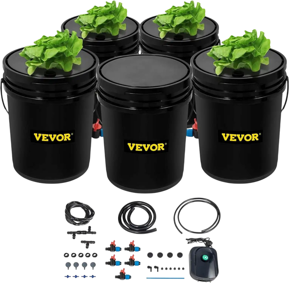 VEVOR DWC Hydroponic System, 5 Gallon 5 Buckets, Deep Water Culture Growing Bucket, Hydroponics Grow Kit with Pump, Air Stone and Connected Reservoir, for Indoor/Outdoor Leafy Vegetables