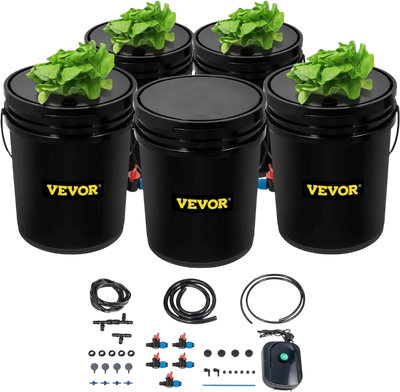 VEVOR DWC Hydroponic System, 5 Gallon 5 Buckets, Deep Water Culture Growing Bucket, Hydroponics Grow Kit with Pump, Air Stone and Connected Reservoir, for Indoor/Outdoor Leafy Vegetables