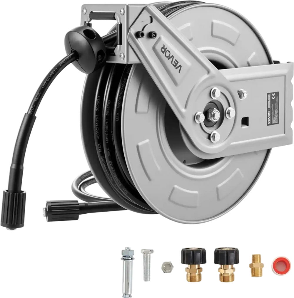VEVOR Pressure Washer Hose Reel, 65 ft x 1/4 inch Retractable Power Heavy-Duty Steel Washer Hose Reel, 3200PSI Max, Auto-Rewinding, Flexible Wall/Floor Mounted for Car Washing,Garden,Floor Cleaning
