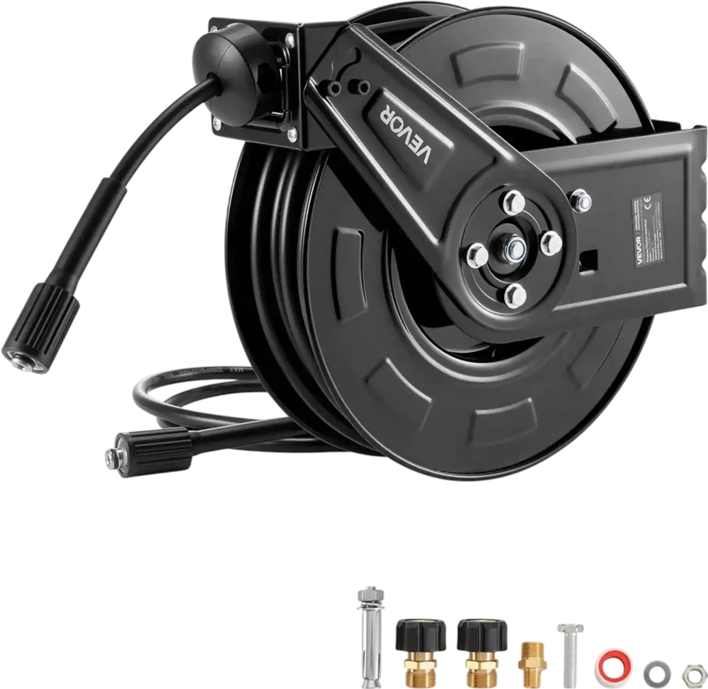 VEVOR Pressure Washer Hose Reel, 60 ft x 1/4 inch Retractable Power Heavy-Duty Steel Washer Hose Reel, 4000PSI Max, Auto-Rewinding, Flexible Wall/Floor Mounted for Car Washing,Garden,Floor Cleaning