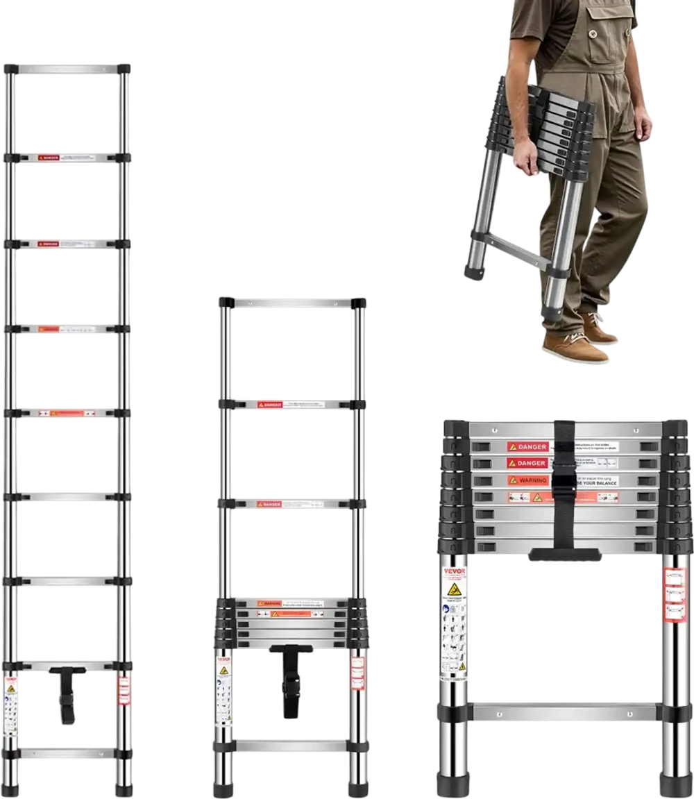 VEVOR Telescoping Ladder, 8.5ft Stainless Steel Lightweight Extension Ladder, Multi-Button Retraction Collapsible Ladders, 330LBS Capacity & Non-Slip Feet, Portable 9-Step Ladders for Home, RV, Loft