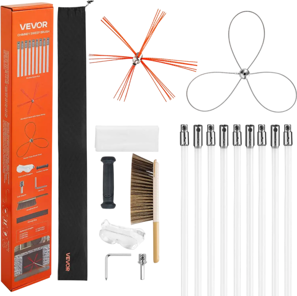 VEVOR Chimney Sweep Kit, 30 ft Maximum Extendable Length Chimney Brush, Chimney Cleaner Sweeper with Dual Brush Heads, Brush & Goggles, Fireplace Cleaning Tool for Square, Rectangle, Arch Chimneys
