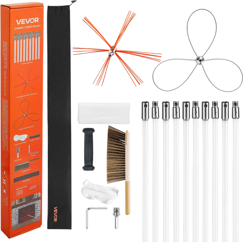 VEVOR Chimney Sweep Kit, 33 ft Maximum Extendable Length Chimney Brush, Chimney Cleaner Sweeper with Dual Brush Heads, Brush & Goggles, Fireplace Cleaning Tool for Square, Rectangle, Arch Chimneys