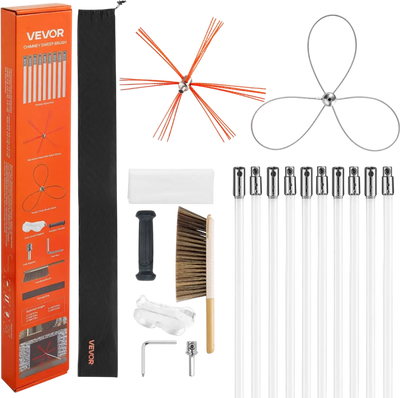 VEVOR Chimney Sweep Kit, 33 ft Maximum Extendable Length Chimney Brush, Chimney Cleaner Sweeper with Dual Brush Heads, Brush & Goggles, Fireplace Cleaning Tool for Square, Rectangle, Arch Chimneys