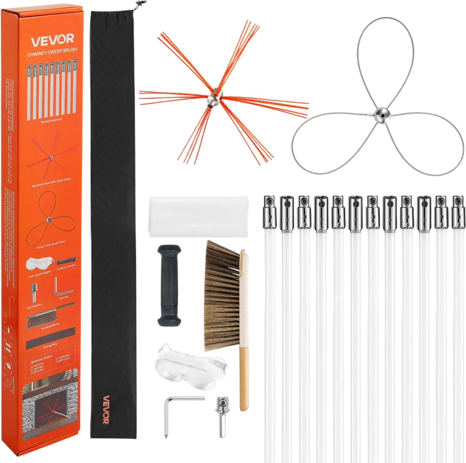Vevor Chimney Sweep Kit 39' Dual Brush Heads Fireplace Cleaning Tool New