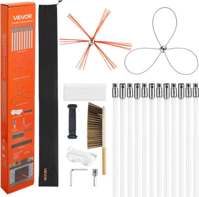 VEVOR Chimney Sweep Kit, 39 ft Maximum Extendable Length Chimney Brush, Chimney Cleaner Sweeper with Dual Brush Heads & Bristle Replacements, Fireplace Cleaning Tool for Square, Rectangle Chimneys