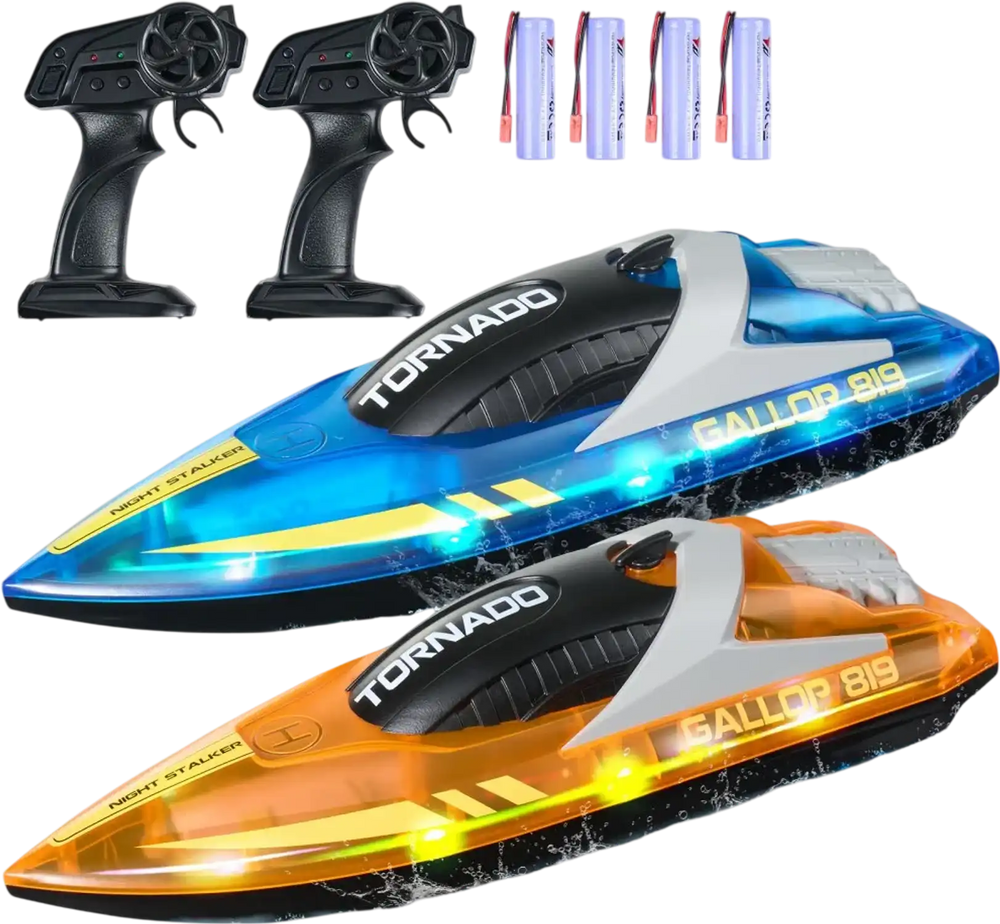 VEVOR RC Boat, 2 Pack 2.4GHz 12 km/h, Remote Control Boat for Pools & Lakes, Racing Boat with LED Light, 4 Rechargeable Batteries, Whole Body Waterproof, Gift for Adults Boys & Girls, Blue & Orange