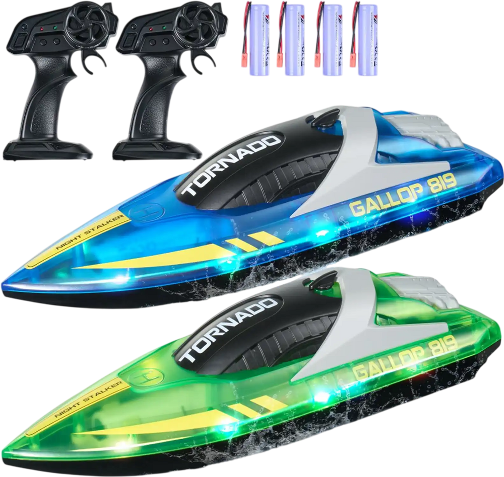 VEVOR RC Boat, 2 Pack 2.4GHz 12 km/h, Remote Control Boat for Pools & Lakes, Racing Boat with LED Light, 4 Rechargeable Batteries, Whole Body Waterproof, Gift for Adults Boys & Girls, Blue & Green