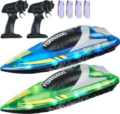 VEVOR RC Boat, 2 Pack 2.4GHz 12 km/h, Remote Control Boat for Pools & Lakes, Racing Boat with LED Light, 4 Rechargeable Batteries, Whole Body Waterproof, Gift for Adults Boys & Girls, Blue & Green