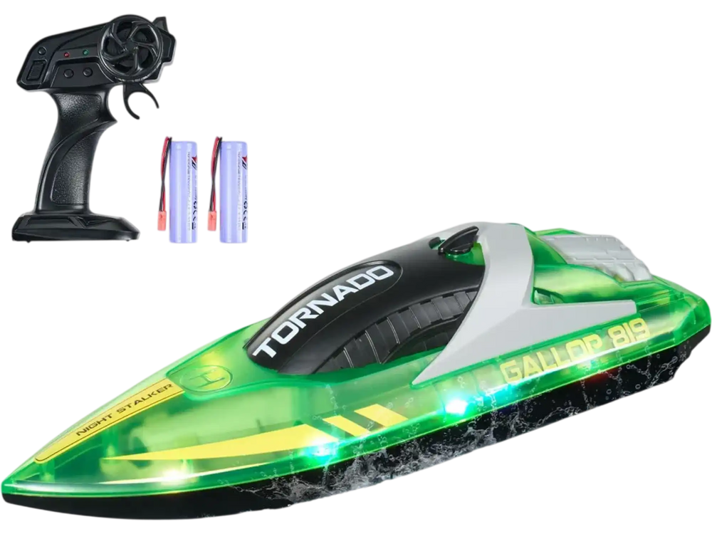 VEVOR RC Boat, 2.4GHz 12 km/h, Remote Control Boat for Pools & Lakes, Racing Boat with LED Light, 2 Rechargeable Batteries, Whole Body Waterproof, Water Play Toy Gift for Adults Boys & Girls, Green