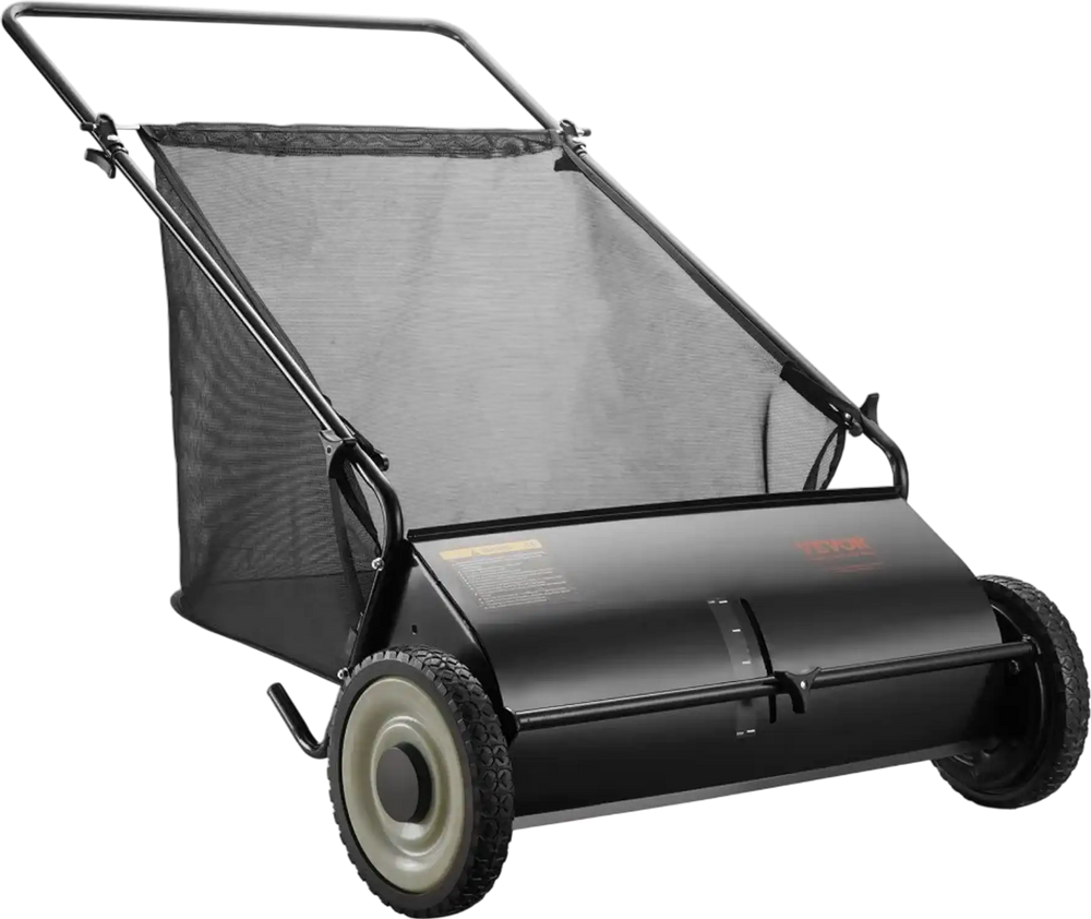 VEVOR Push Lawn Sweeper, 26-inch Leaf & Grass Collector, Strong Rubber Wheels & Heavy Duty Thickened Steel, Durable to Use with Large Capacity 7 cu. ft. Mesh Collection Hopper Bag, 4 Spinning Brushes