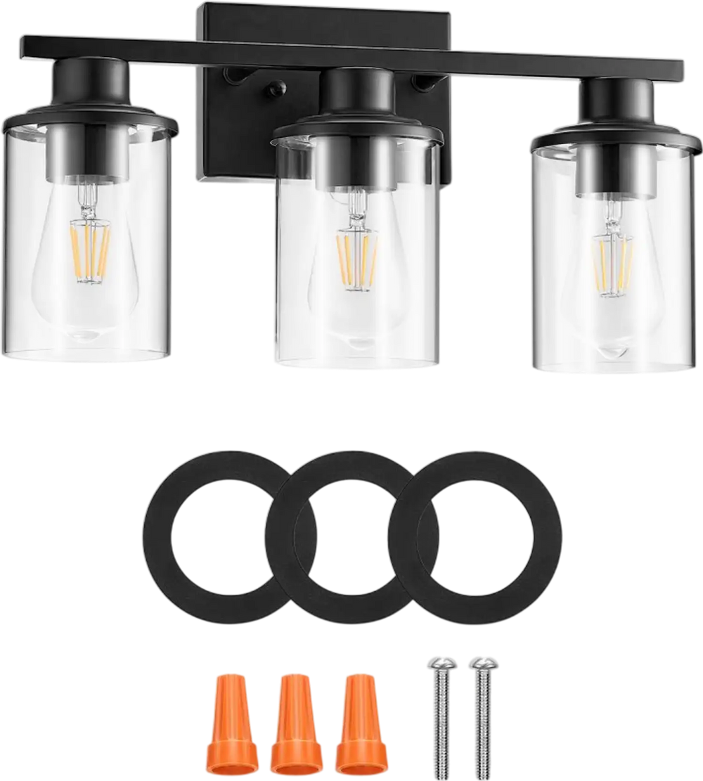VEVOR 3-Light Bathroom Light Fixtures, Modern Vanity Light Fixture over Mirror, Bathroom Wall Sconce Lamp with Clear Glass Shade, E26 Ceramic Socket for Bedroom Living Room Hallway (Bulb Not Included)