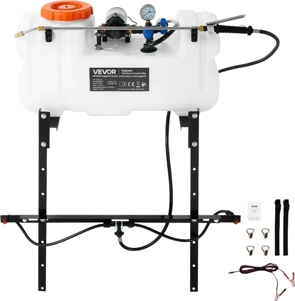 VEVOR ATV Spot Sprayer 15.9 Gal/60L 12V Pump ATV/UTV Broadcast Sprayer, for Garden Farm, 1.9 GPM Flow Rate, Adjustable 0-72 PSI, Weed Spray with Brass Nozzle, Boom, Water Tank, 20 ft Hose, White