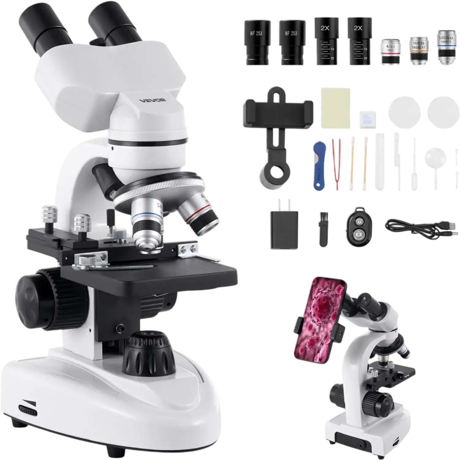 Vevor Compound Microscope Professional Binocular 40X-2000X with Phone Adapter New