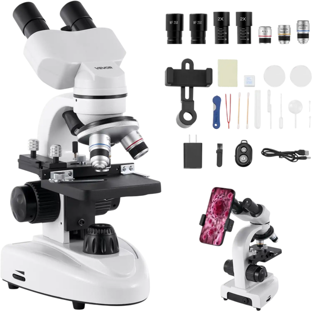 VEVOR Compound Binocular Microscope, 40-2000X Magnification, Professional Compound Microscope for Adult with Phone Adapter, LED Light, Aluminum Alloy Body, for Lab, School, Home, Education