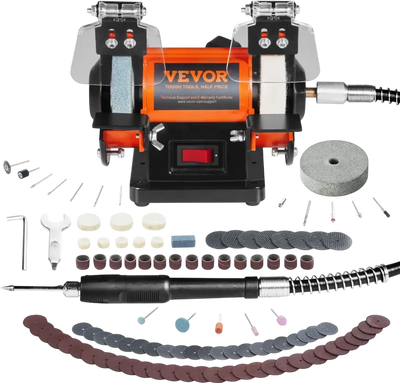 VEVOR Jewelry Polisher, Bench Grinder Polishing & Buffing Machine, 3590RPM Bench Lathe Polisher with 1 Wool Wheel & 1 Abrasive Fiber Wheel & 1 Grinding Wheel & 100pcs Tools