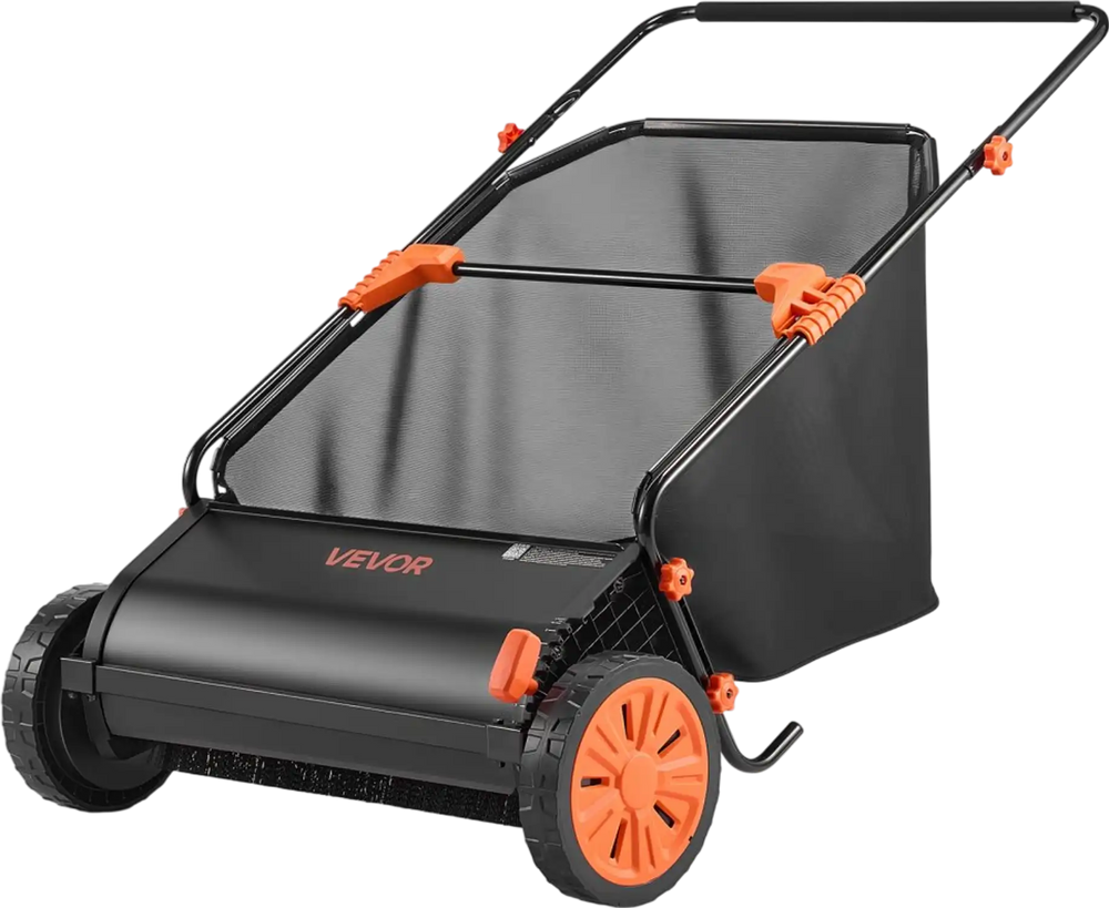VEVOR Push Lawn Sweeper, 26 in Leaf & Grass Collector with 7 cu. ft. Hopper Bag, Adjustable Brush Height & Spinning Brushes, Heavy Duty Yard Sweeper with Rubber Wheels for Leaves Grass Cleanup