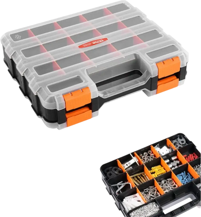 VEVOR Small Parts Organizer, 34-Compartment Double Side Tools Organizer Box with 24 Removable Dividers, PP Hardware Storage Box with Safety Latch & Portable Handle for Nuts, Bolts, Screws, Nails