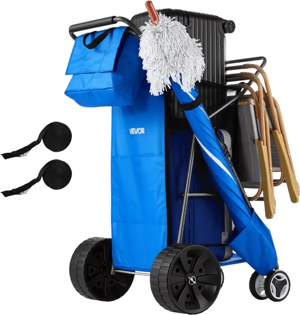 VEVOR Beach Cart with Large Wheels for Sand, 165 lbs Load Capacity, Heavy Duty Folding Beach Wagon with 10" Solid Wheels, Insulated Cooler Bag, Umbrella Holder, Holds 4 Chairs for Camping & Fishing