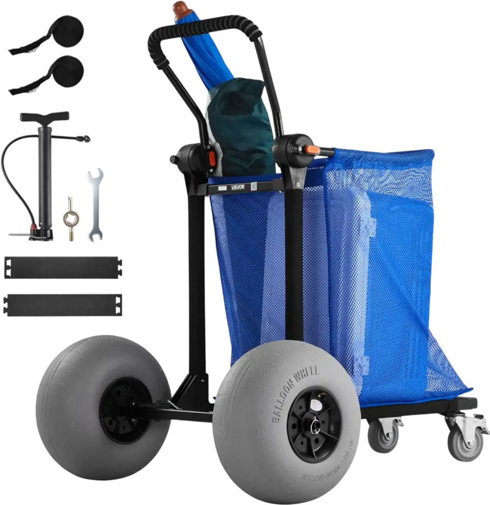 VEVOR Beach Cart with Large Wheels for Sand, 165 lbs Load Capacity, Heavy Duty Folding Beach Wagon with 12" Balloon Wheels, Storage Bag, 180° Adjustable Handlebar, Dolly for Camping Fishing Garden