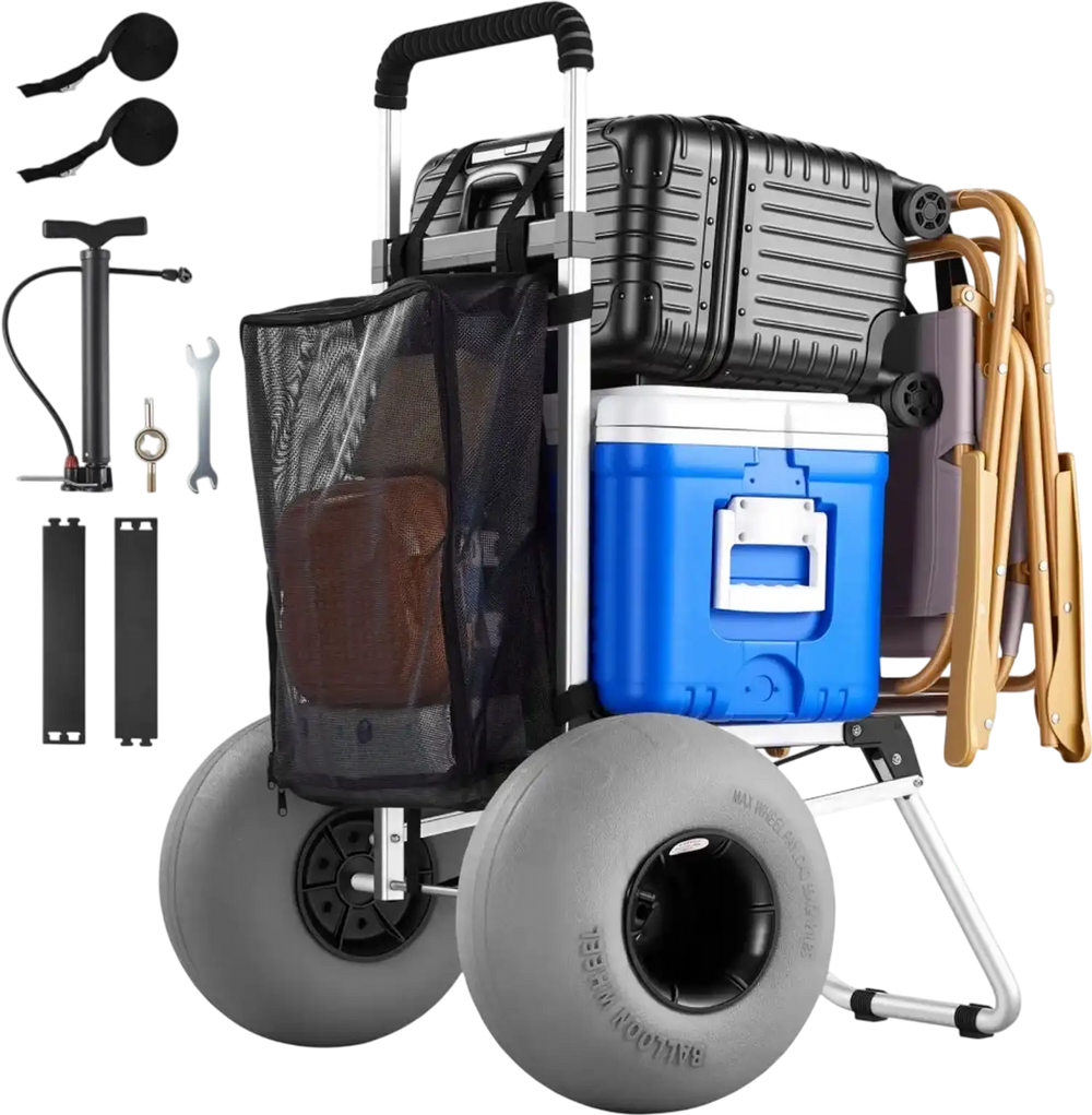 VEVOR Beach Dolly with Big Wheels for Sand, 20" x 15" Cargo Deck, Folding Sand Cart with 12" Balloon Wheels, 165 lbs Loading Capacity & 34" to 46" Adjustable Height, Heavy Duty Cart for Beach Camping