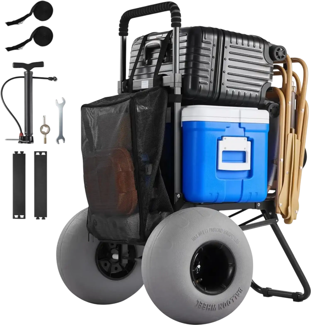 VEVOR Beach Dolly with Big Wheels for Sand, 18" x 15" Cargo Deck, Folding Sand Cart with 12" Balloon Wheels, 165 lbs Loading Capacity & 34" to 45" Adjustable Height, Heavy Duty Cart for Beach Camping