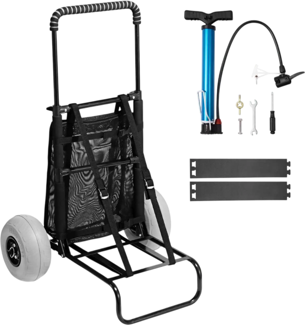 VEVOR Beach Dolly with Big Wheels for Sand, 20.1" x 14.6" Cargo Deck, w/ 9" Balloon Wheels, 165LBS Loading Capacity Folding Sand Cart & 27.2" to 44.9" Adjustable Height, Heavy Duty Cart for Beach