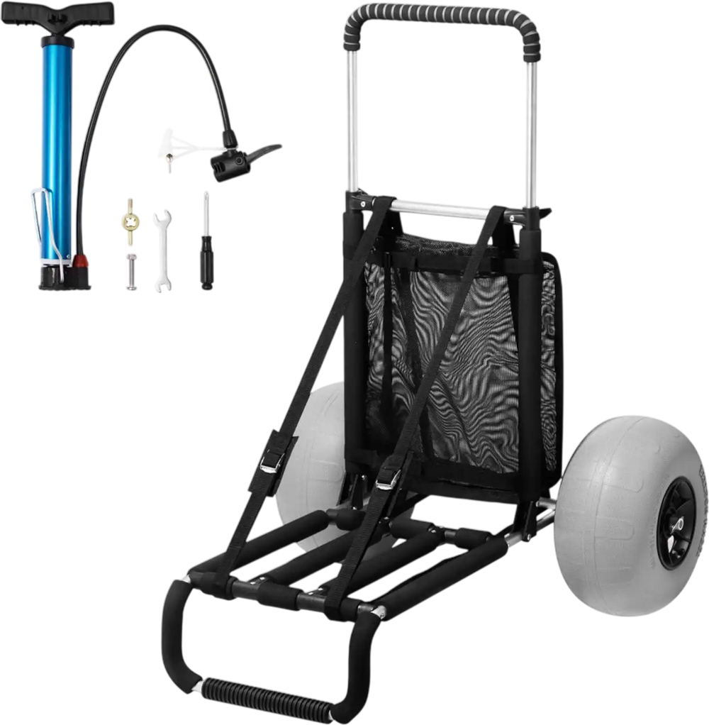 VEVOR Beach Dolly with Big Wheels for Sand, 29.9" x 15.4" Cargo Deck, w/ 12" Balloon Wheels, 165LBS Loading Capacity Folding Sand Cart & 27" to 44.7" Adjustable Height, Heavy Duty Cart for Beach