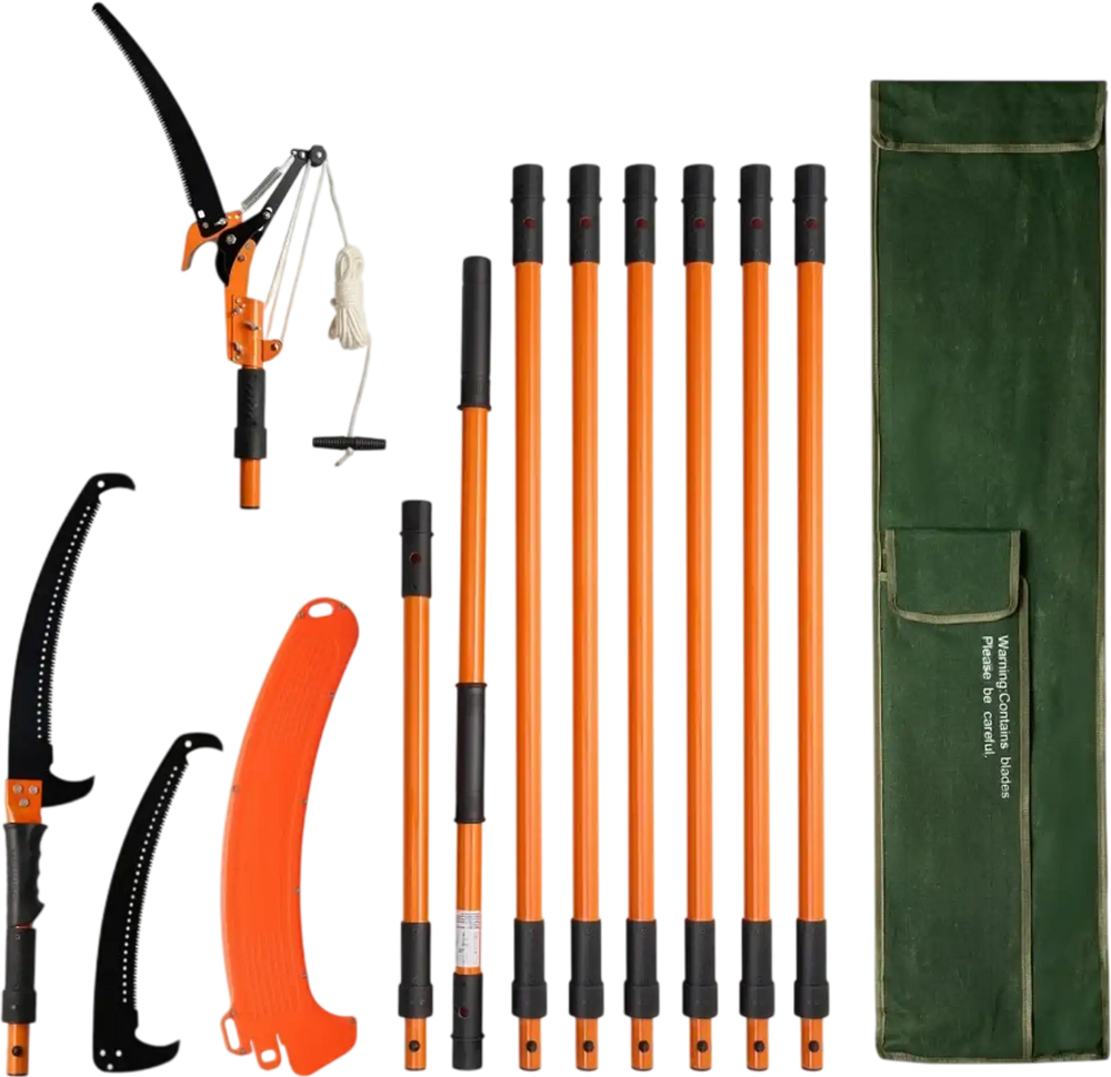 VEVOR Manual Pole Saw, 4.46-26.4 ft Extendable Tree Pruner with Scissors, Sharp 65Mn Steel Blade, Lightweight Fiberglass Handle Pole, Two Double-Hook Saws, for High Branch Trimming, Palms and Shrubs