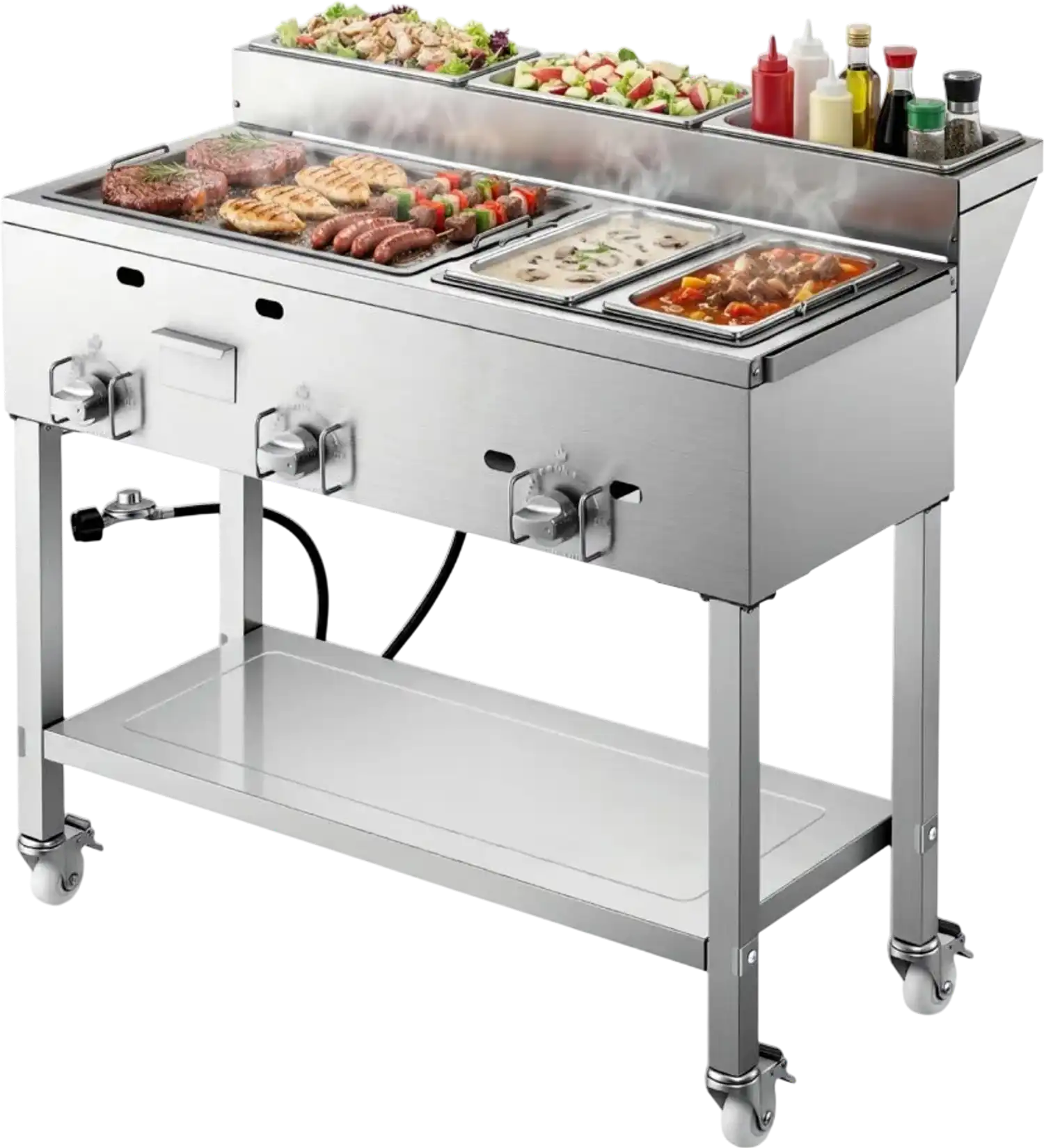 Vevor Propane Griddle Outdoor 3-Burner Stainless Steel Cart with Food Warming Pans New