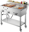 VEVOR Outdoor Propane Griddle, 3 Burners (11,600 BTU Each), Commercial Stainless Steel Griddle with Two 1/3 Size Food Warming Pans, Portable Cart with 4 Lockable Wheels, for Hot Dogs, Burgers & Meats