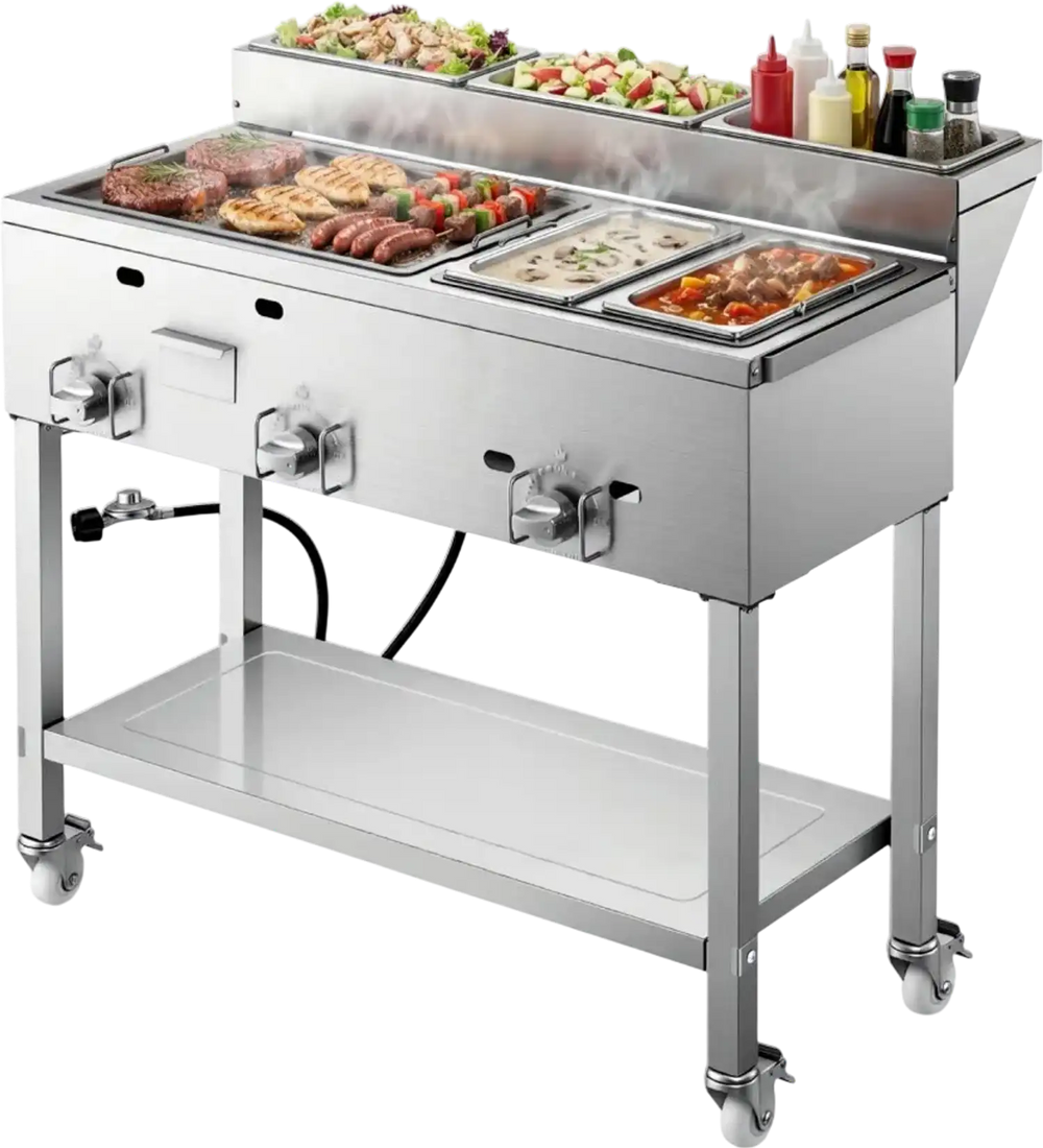 VEVOR Outdoor Propane Griddle, 3 Burners (11,600 BTU Each), Commercial Stainless Steel Griddle with Two 1/3 Size Food Warming Pans, Portable Cart with 4 Lockable Wheels, for Hot Dogs, Burgers & Meats