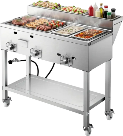 Vevor Propane Griddle Outdoor 3-Burner Stainless Steel Cart with Food Warming Pans New