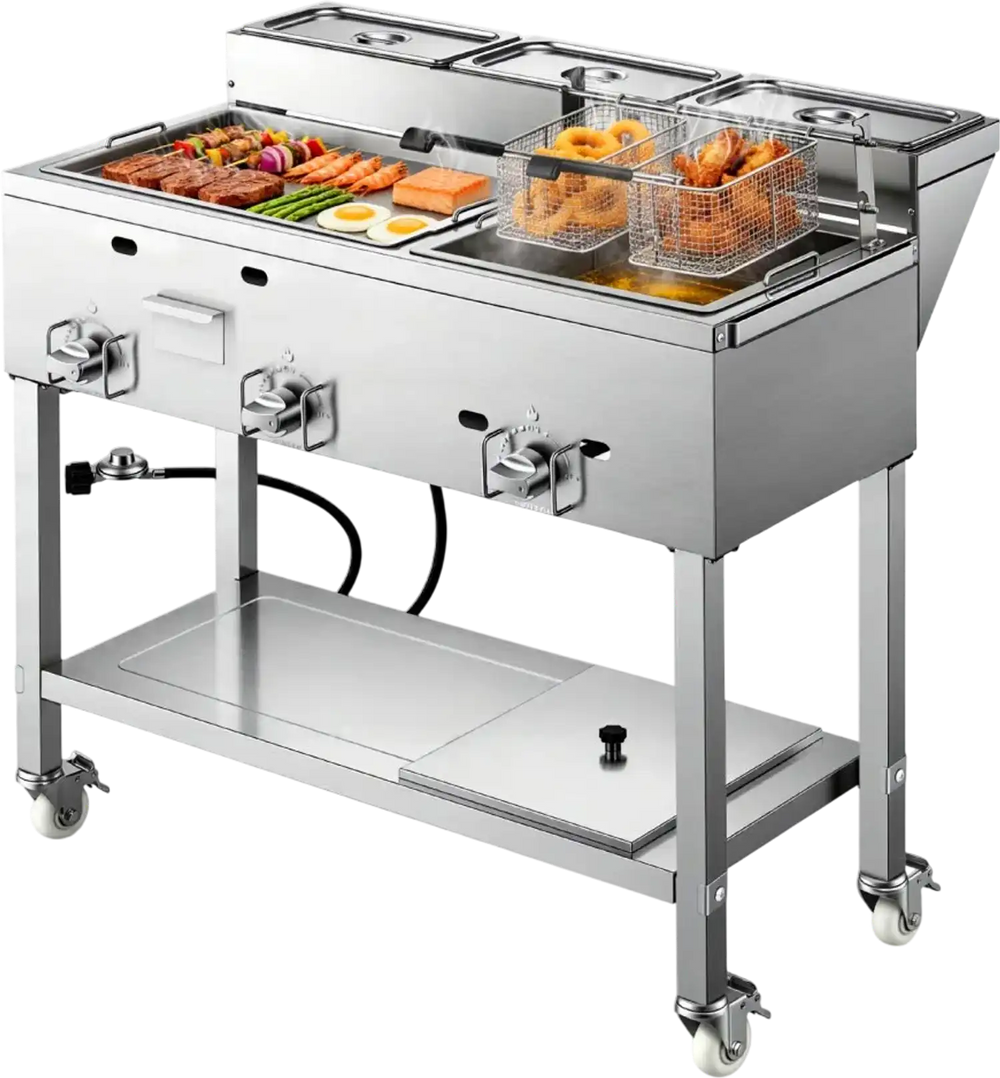 VEVOR Outdoor Propane Fryer & Griddle Combo, 3 Burners (11,600 BTU Each), Commercial Stainless Steel Frying Cart with Wheels, 2 Fryer Baskets & 3 Food Pans, for Hot Dogs, Fried Chicken, Fries, Meats