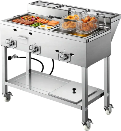 Vevor Frying Cart Outdoor Propane Fryer & Griddle Combo with 3 Burners, Wheels, 2 Fryer Baskets & 3 Food Pans New