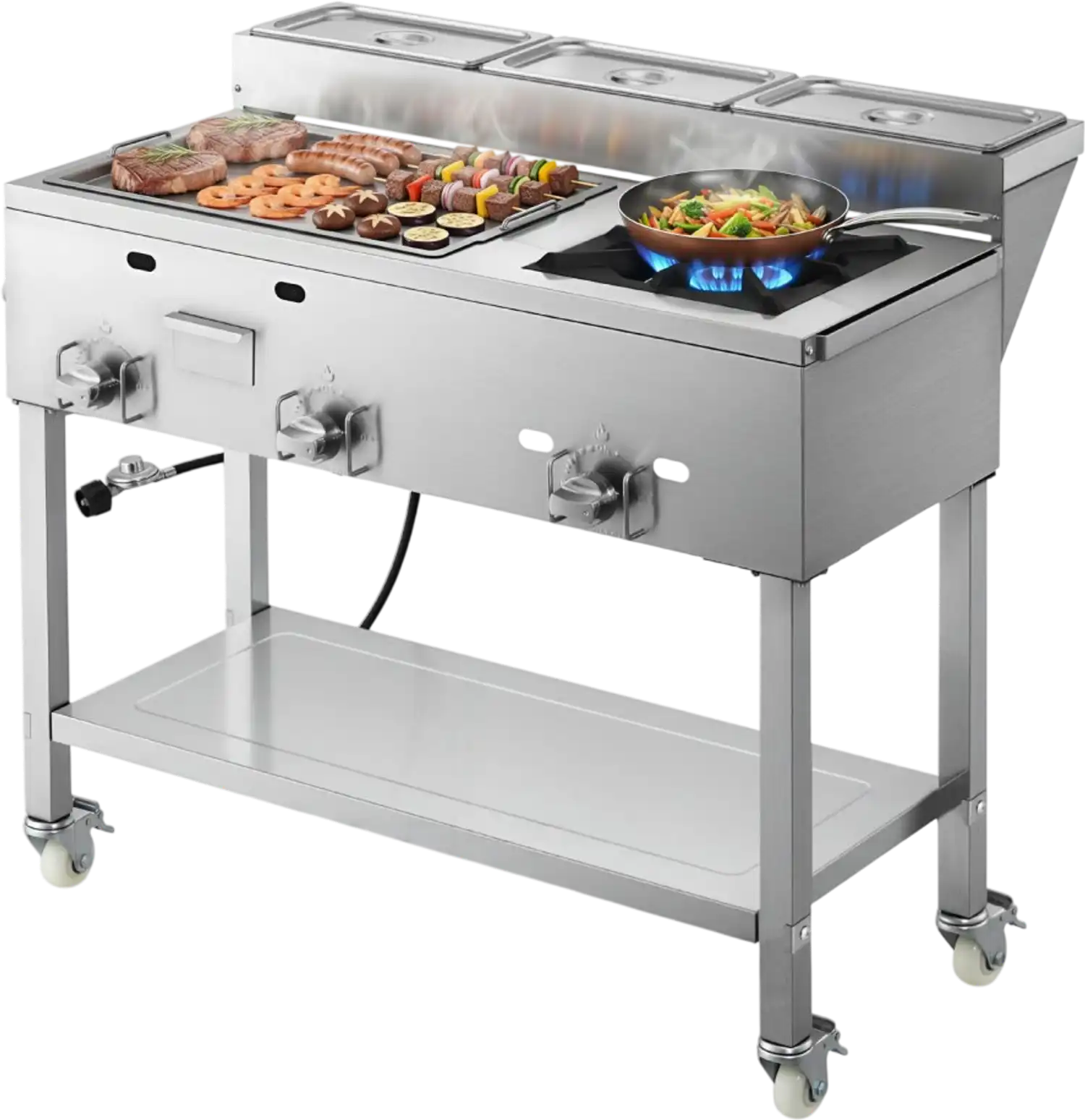 Vevor Griddle Outdoor Propane 3-Burner Stainless Steel Cooking Cart with Food Pans and Gas Stove New