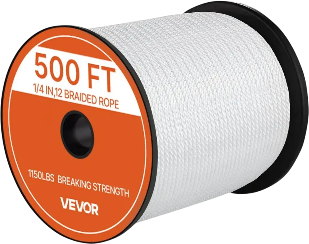 VEVOR Polyester Rope 1/4 in x 500 ft Solid Braid Marine Utility Rope White, for Outdoor Boat Docking, 1150 lbs Breaking Strength, Heavy Duty Low Stretch Sun-Resistant Industrial Cord, Smooth Surface