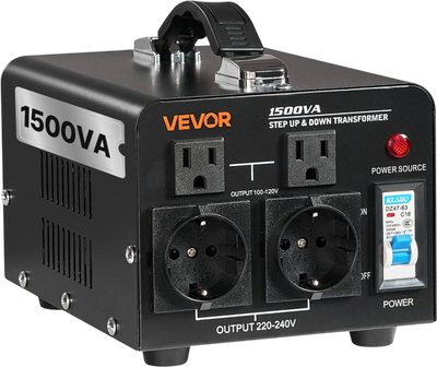 VEVOR Voltage Converter Transformer, 1500VA, Heavy Duty Step Up/Down Power Transformer, Convert from 110V to 220V and 220V to 110V, with US Outlets, EU Outlets, Power Cord, Circuit Breaker Protection