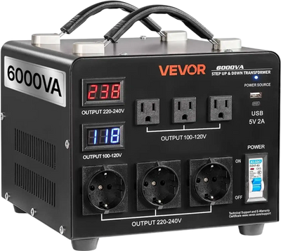 VEVOR Voltage Auto Converter Transformer, 6000VA, Heavy Duty Step Up/Down Power Transformer, 110V to 220V and 220V to 110V, with 3 US Outlets, 3 EU Outlets, LCD Display, Circuit Breaker Protection