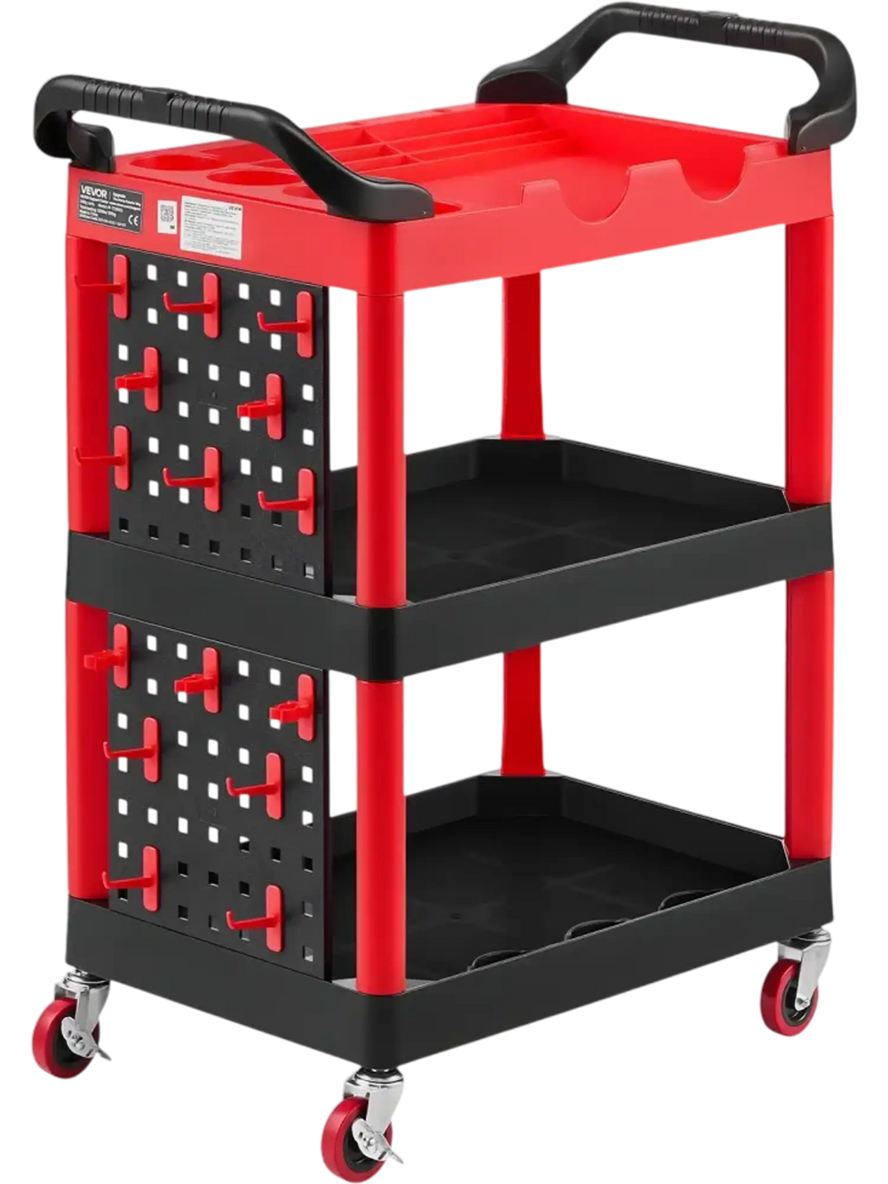 VEVOR Utility Cart, 300 lbs Capacity, 3 Tier Service Cart with 360° Swivel Wheels (2 with Brakes), Heavy Duty Plastic Rolling with Trays and Pegboards, Tool Storage for Garage, Warehouse & Repair Shop